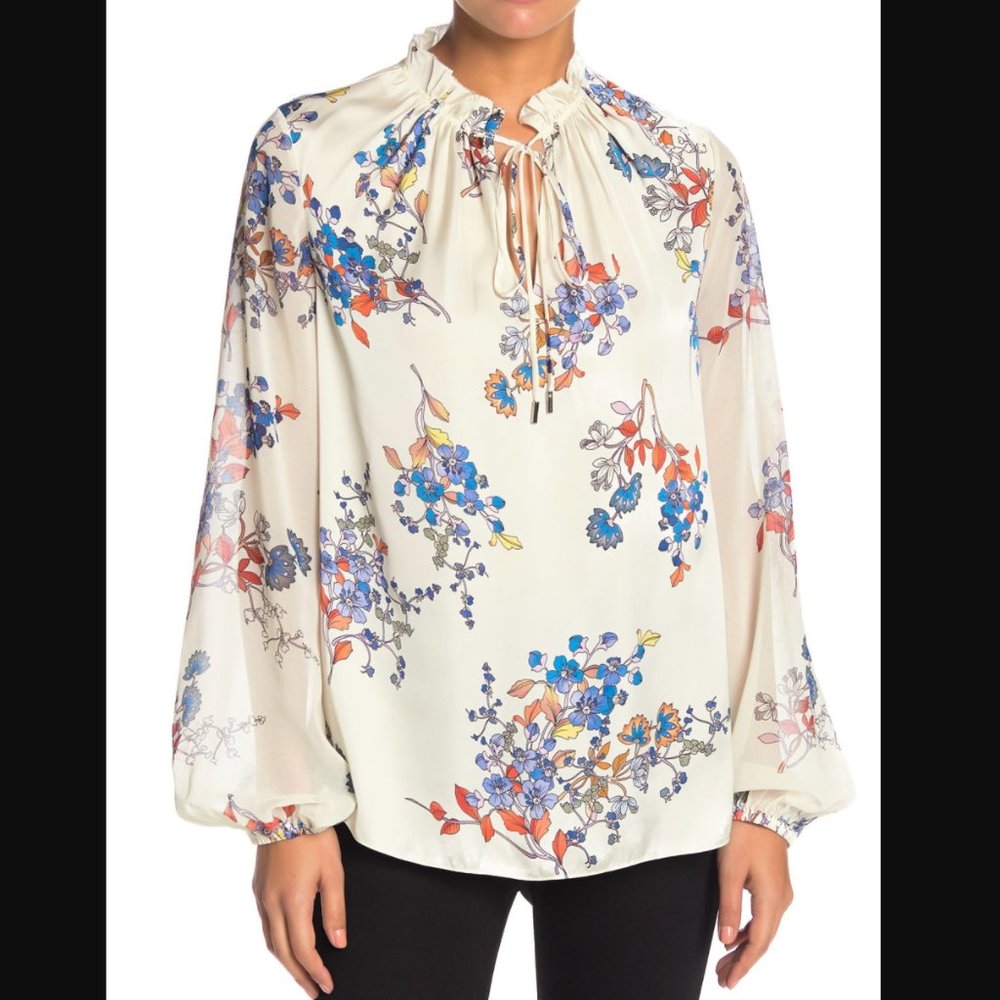 ELIE TAHARI creamy floral satin top with chiffon sleeves